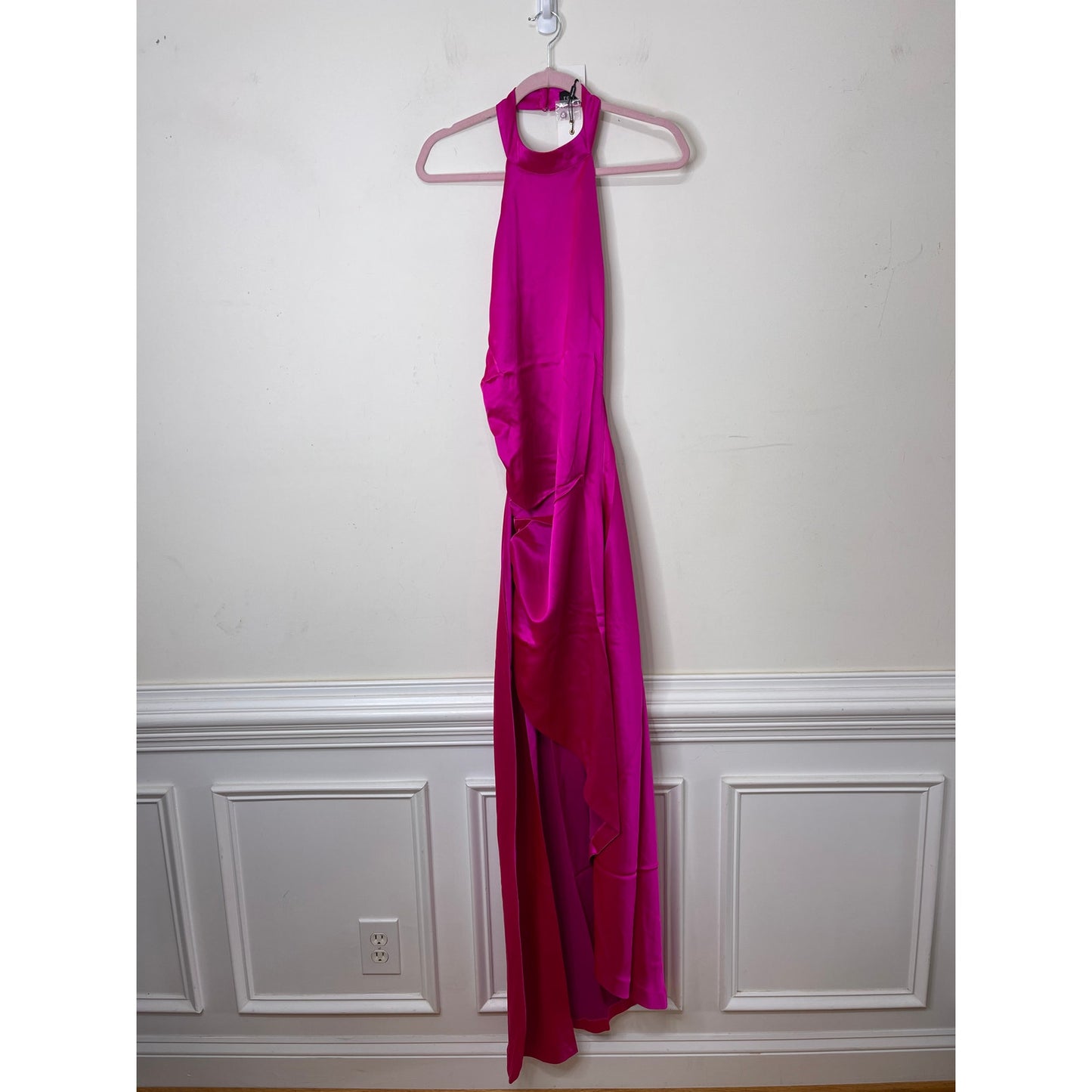 Retrofete Sabrina Dress Neon Pink Large Backless Satin Sleeveless Asymmetrical