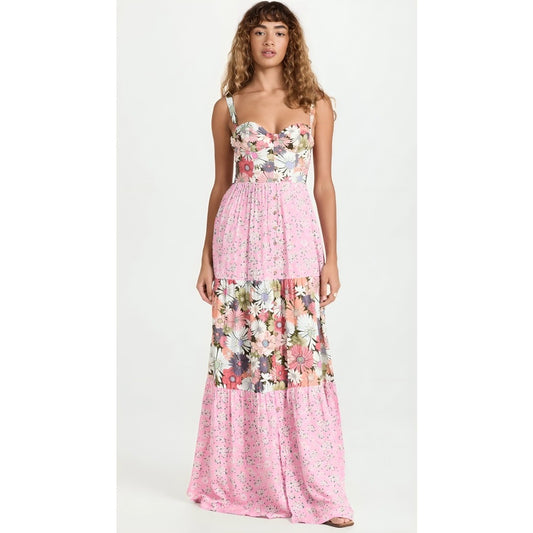Agua Bendita Alani Java Maxi Dress Pink Large Floral Sleeveless Sweetheart Neck