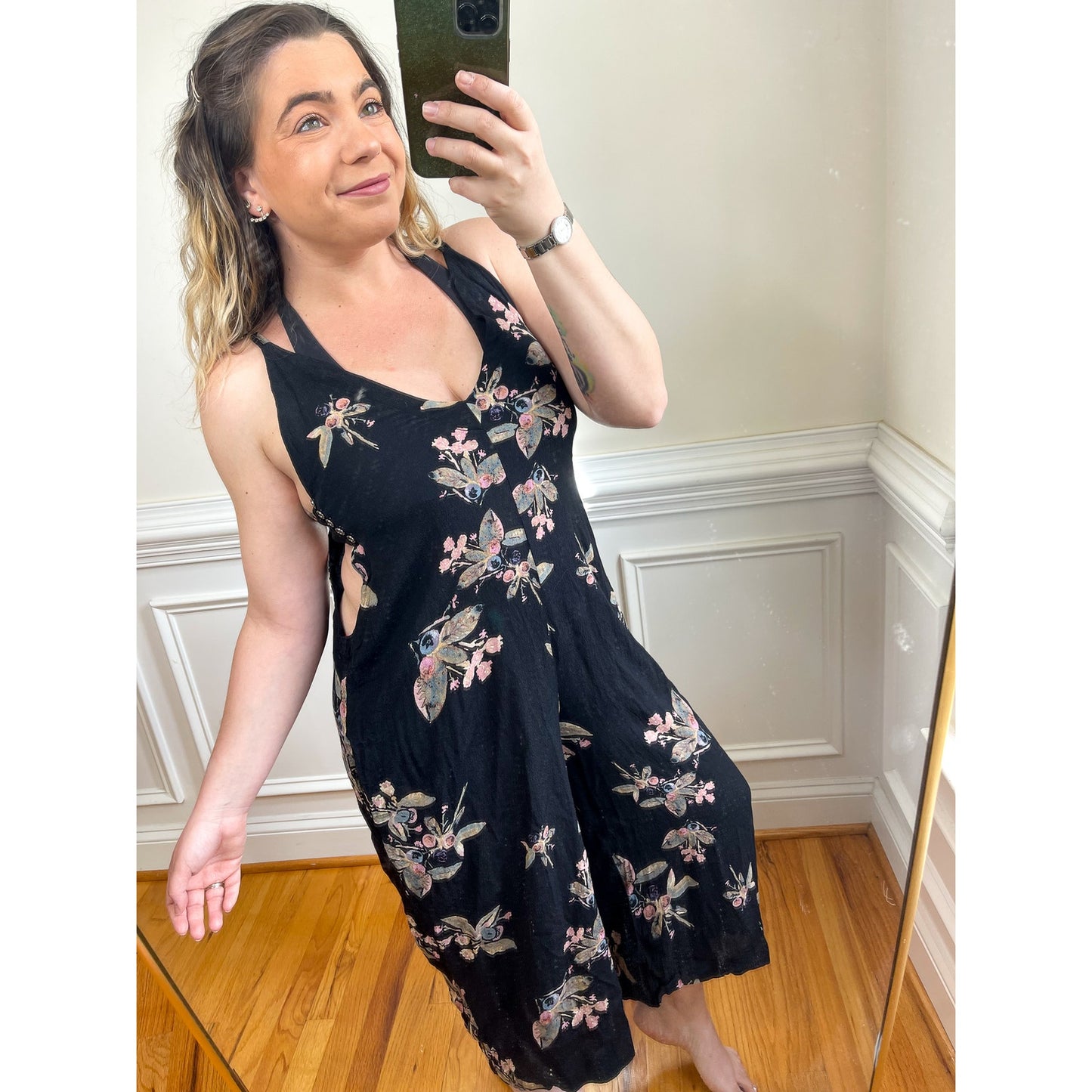 Free People Dream Big Jumpsuit in Black Floral Size Small