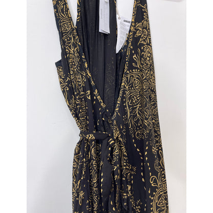 Poupette St. Barth Black & Gold Printed Wrap Midi Dress Size XS Sleeveless