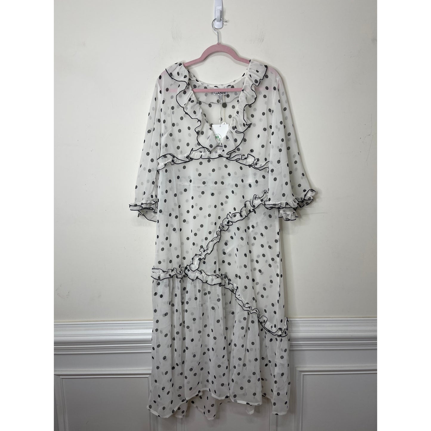 GANNI Ruffled Chiffon Midi Dress White Polka Dot 40/US 10 Half Sleeve V-Neck