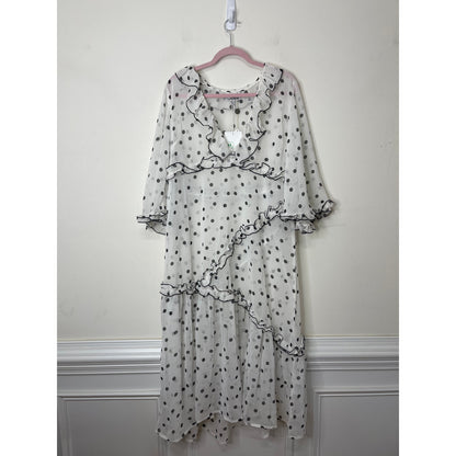GANNI Ruffled Chiffon Midi Dress White Polka Dot 40/US 10 Half Sleeve V-Neck