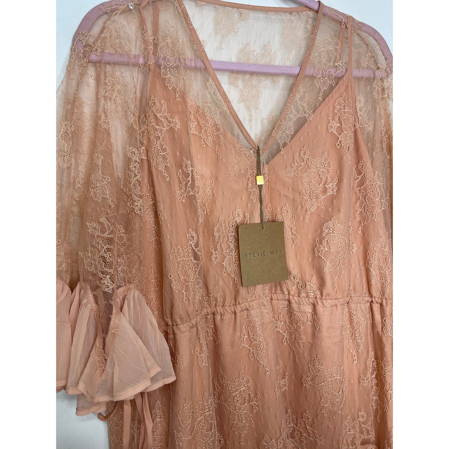 Stevie May Arid Dreams Lace Mini Dress Size XL Coral Pink Half Sleeve Ruffles