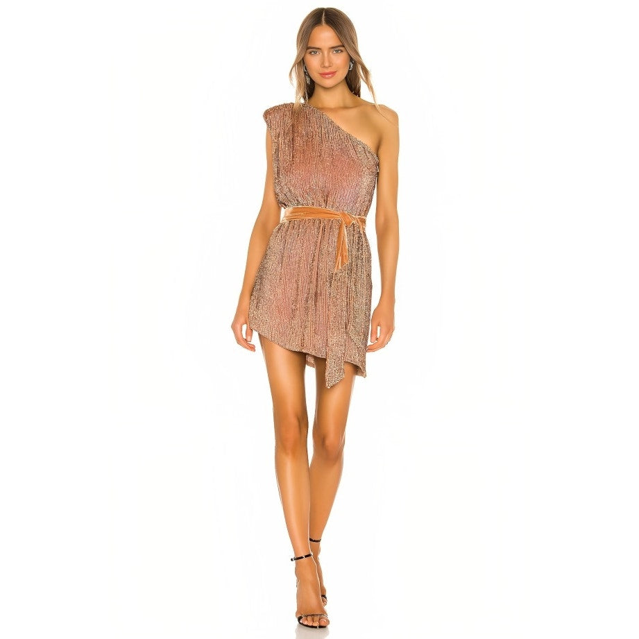 Retrofete The Ella Sequin Dress in Bronze Size XL Embellished One Shoulder Lined