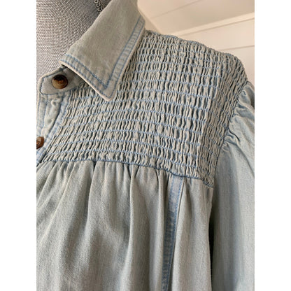 Free People Chambray Shirt Dress in Light Blue Medium Button Front 3/4 Sleeve