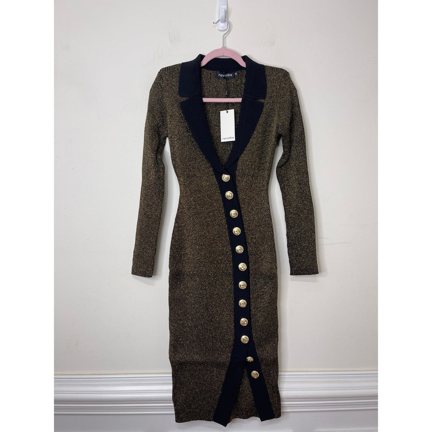 Retrofete Cassidy Cutaway-Hem Dress in Metallic Black/Gold Medium Long Sleeve