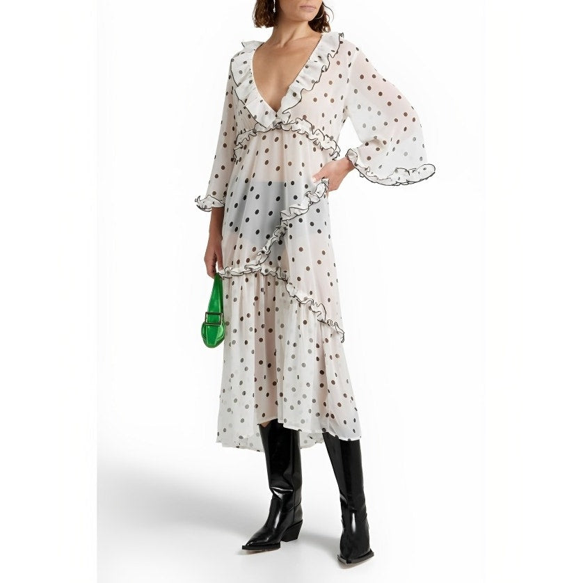 GANNI Ruffled Chiffon Midi Dress White Polka Dot 40/US 10 Half Sleeve V-Neck