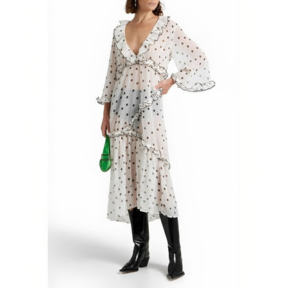 GANNI Ruffled Chiffon Midi Dress White Polka Dot 40/US 10 Half Sleeve V-Neck
