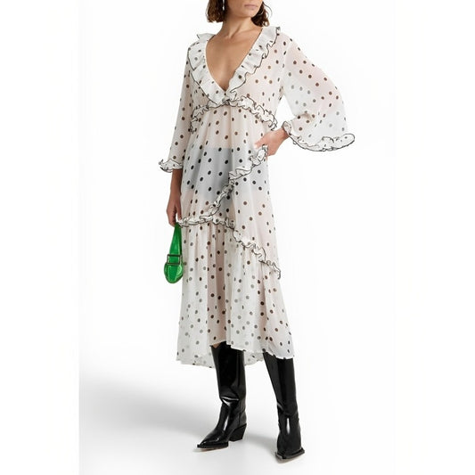 GANNI Ruffled Chiffon Midi Dress White Polka Dot 40/US 10 Half Sleeve V-Neck