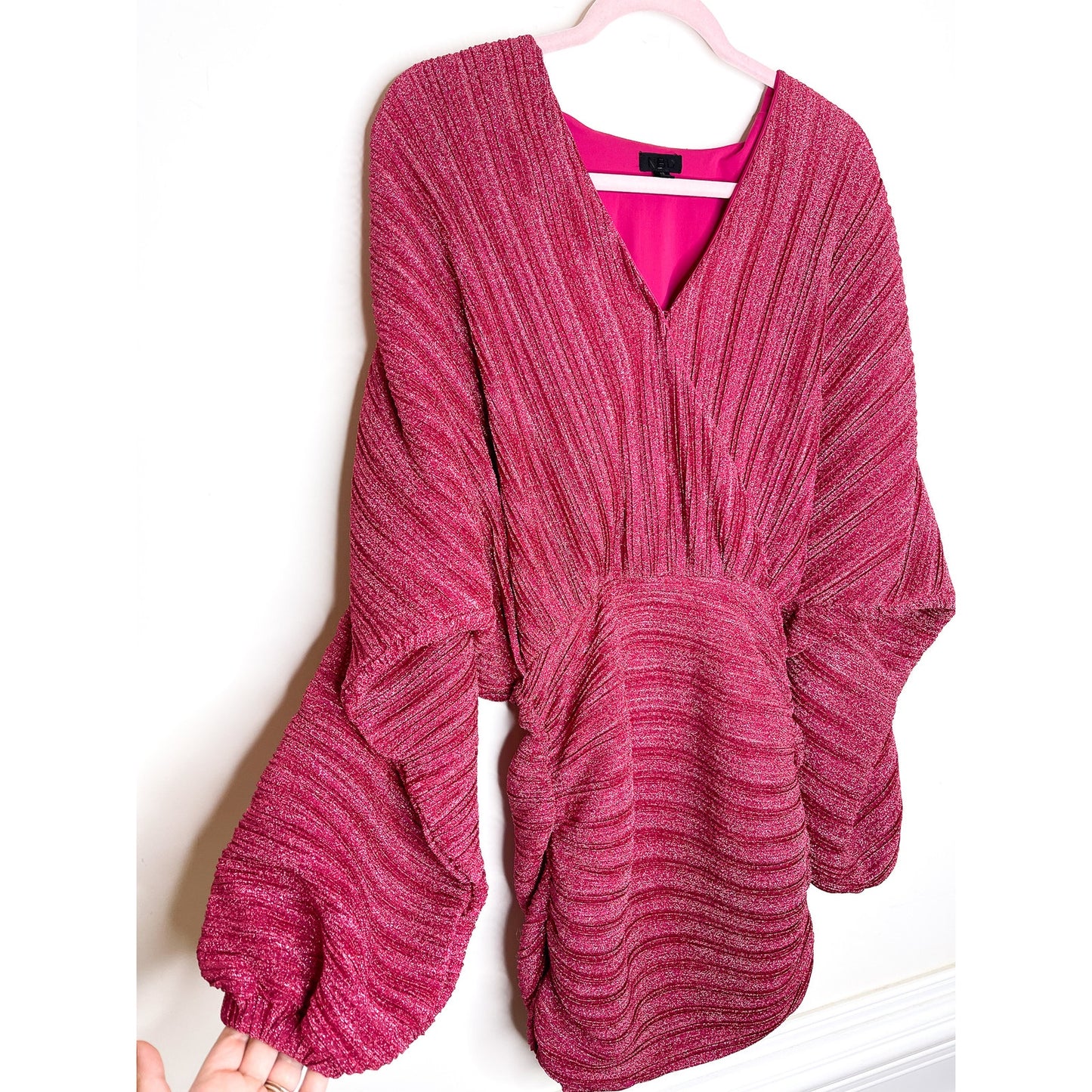NBD X Revolve Dark Pink Sparkle Balloon Sleeve Bodycon Mini Dress Size XS