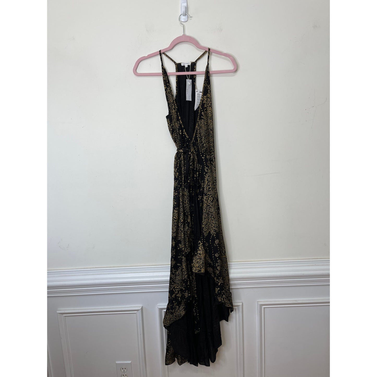 Poupette St. Barth Black & Gold Printed Wrap Midi Dress Size XS Sleeveless