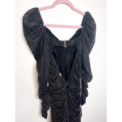 For Love & Lemons All That Glitters Black Sparkle Ruched Mini Dress Size XS