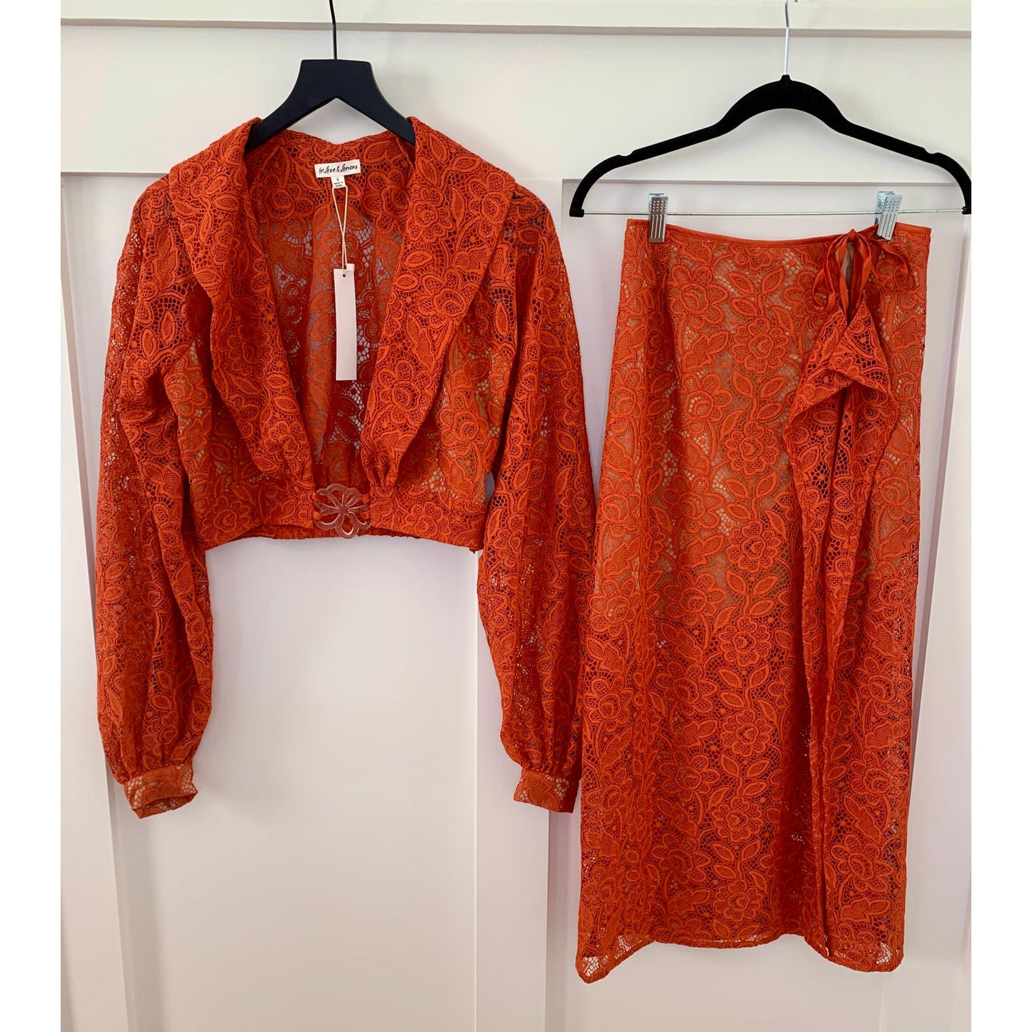 For Love & Lemons Lace Top and Skirt Set Burnt Orange Floral Small Eyelets