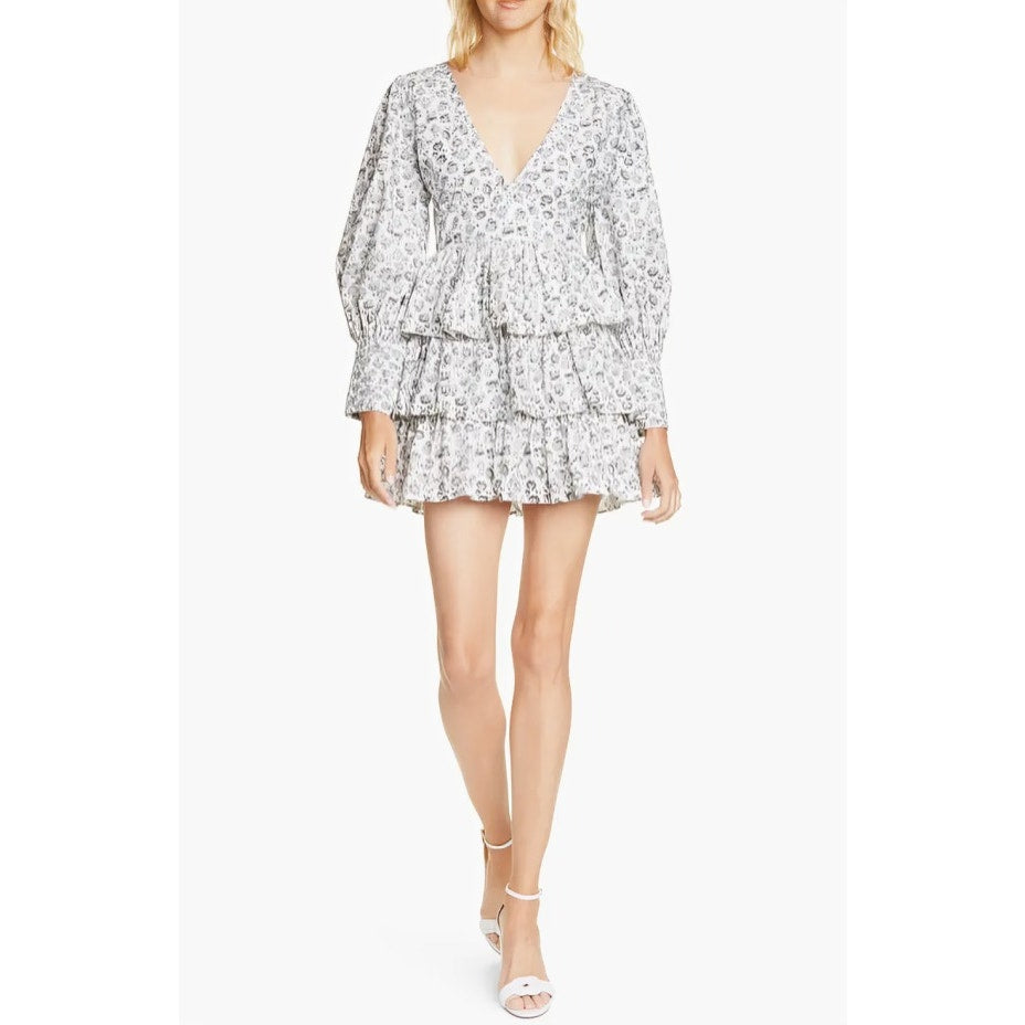 Love Shack Fancy Paris Mini Dress in Warm Grey Size 10 Long Sleeve Lined V-Neck