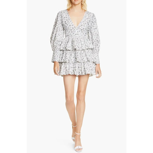 Love Shack Fancy Paris Mini Dress in Warm Grey Size 10 Long Sleeve Lined V-Neck