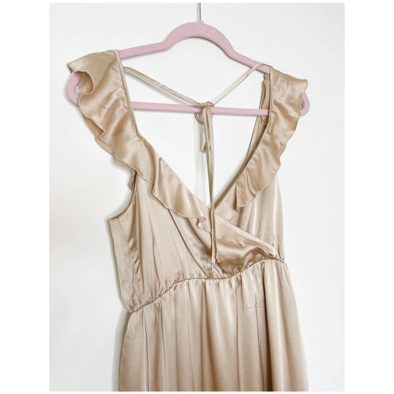 Show Me Your Mumu Samantha Ruffle Wrap Dress in Champagne Luxe Satin Size Medium