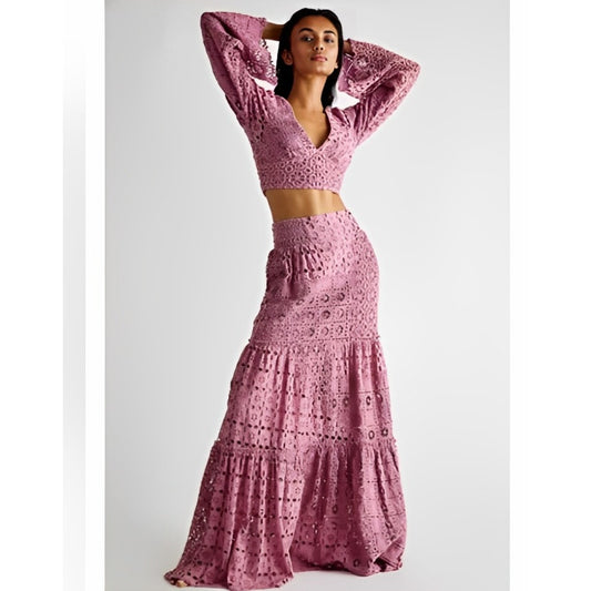 Free People Yesenia Set in Purple Small Eyelet Crochet Floral Pattern Cotton