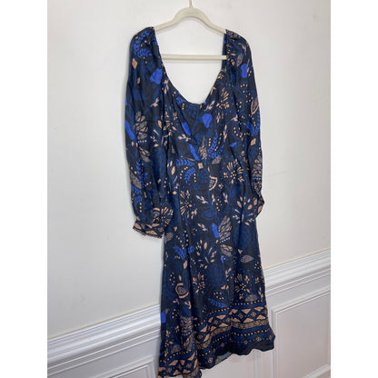 Farm Rio Macaw Forest Cutout Midi Dress Large Black Floral Long Sleeve Tie Front