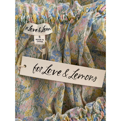 For Love & Lemons Merian Tunic Mini Dress Green Floral Small Short Sleeve Ruffle