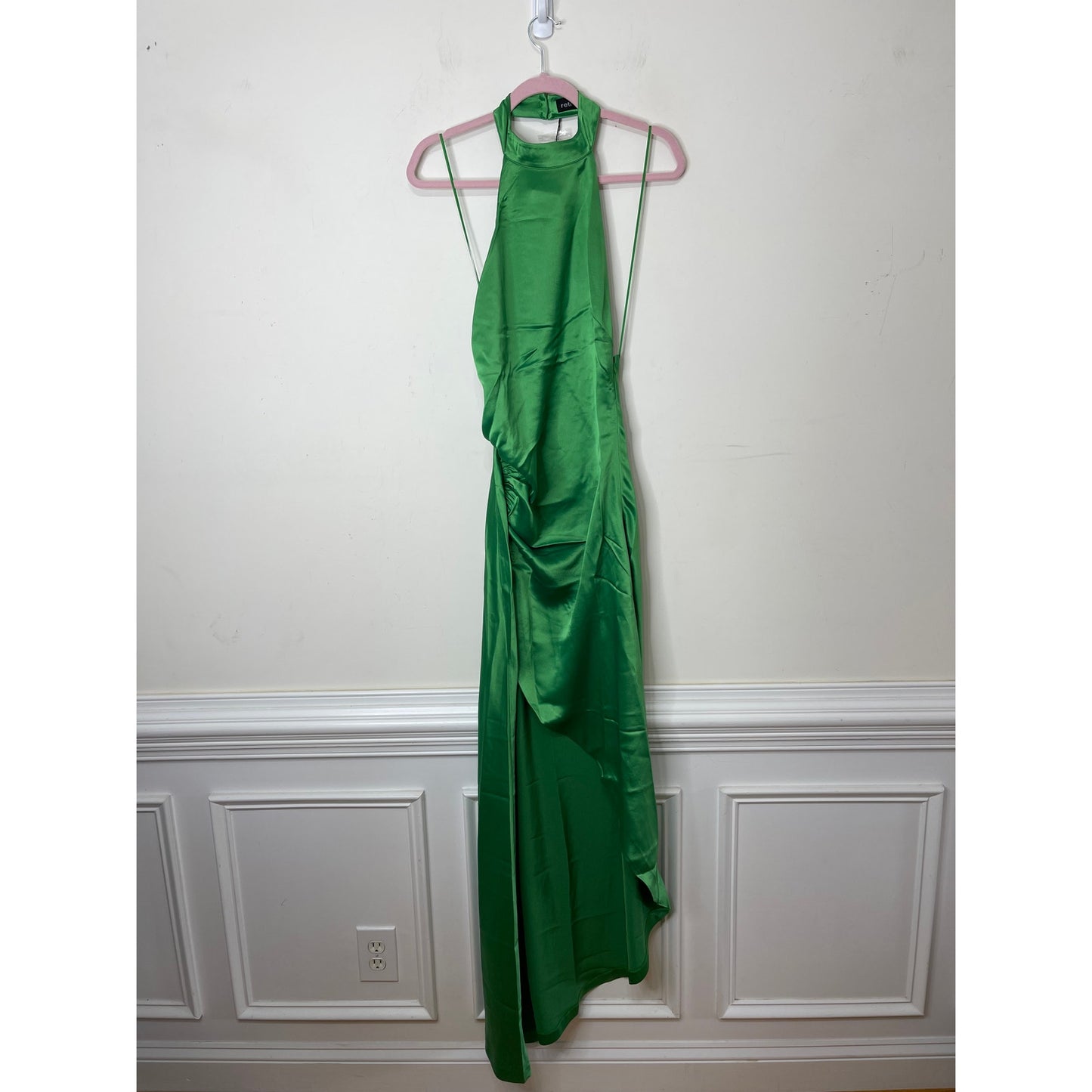 Retrofete Sabrina Dress in Natural Green Large Asymmetrical Sleeveless Satin