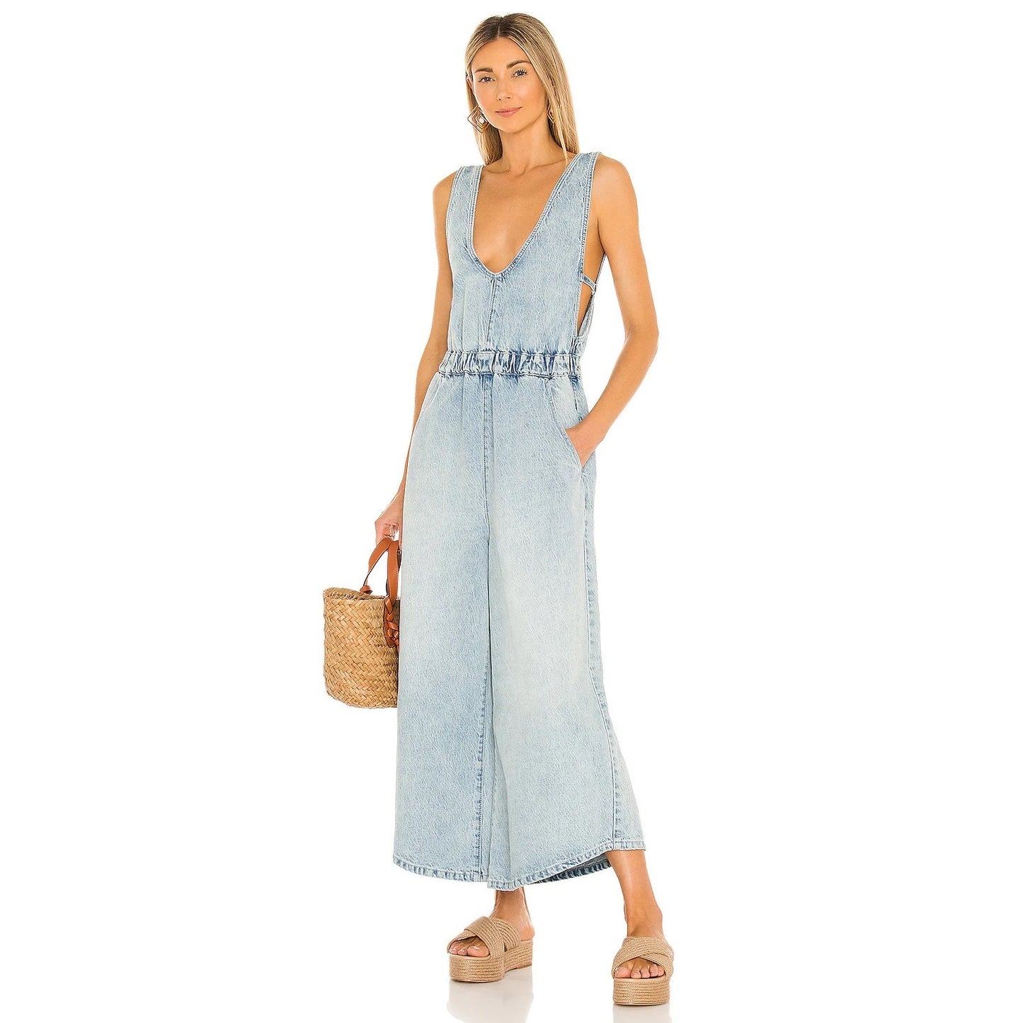 Free People Alora Denim Jumpsuit In Stillwater Blue Size Small