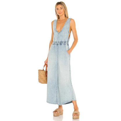 Free People Alora Denim Jumpsuit In Stillwater Blue Size Small
