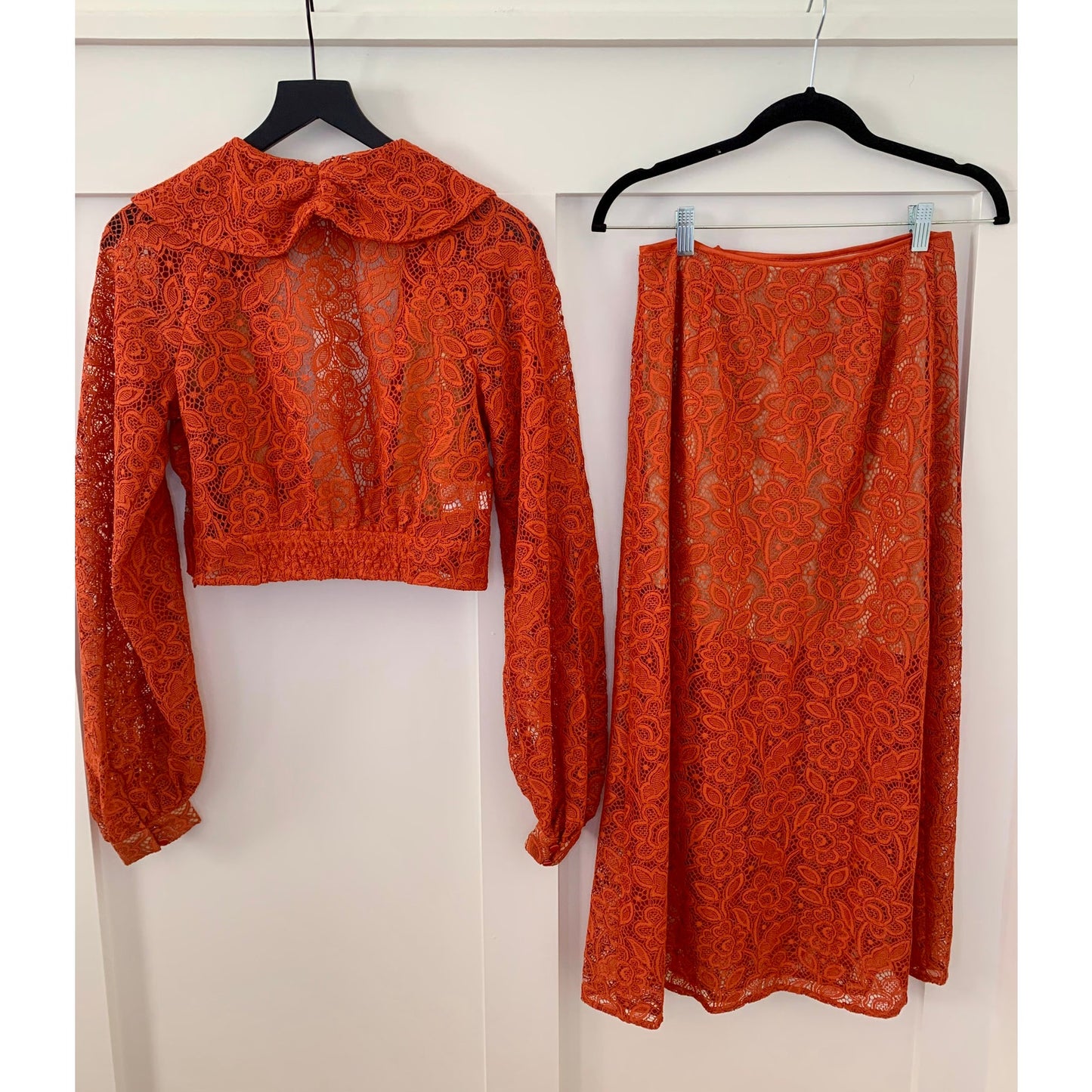For Love & Lemons Lace Top and Skirt Set Burnt Orange Floral Small Eyelets