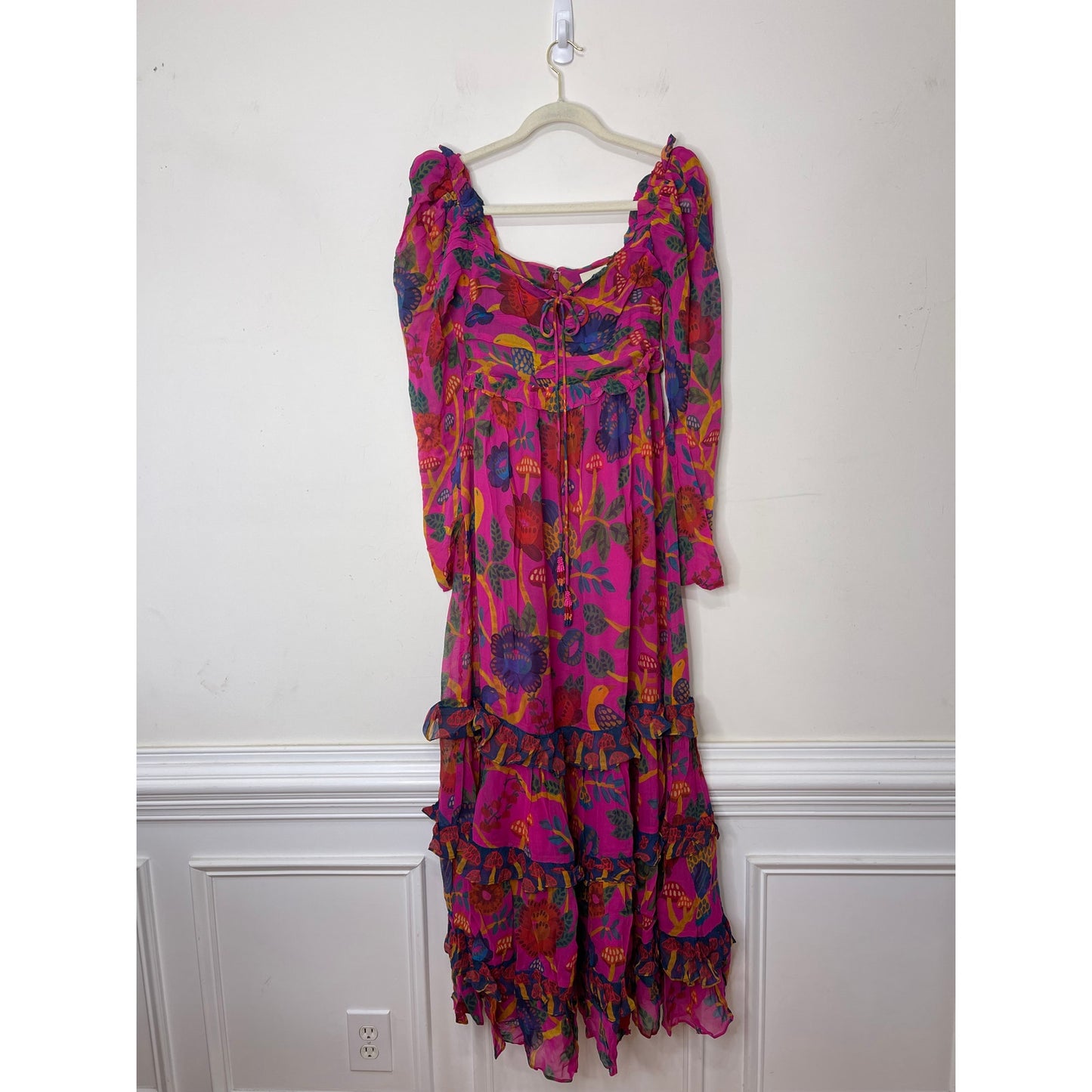 Farm Rio Sweet Forest Maxi Dress Pink Size XS Floral Long Sleeve Keyhole Lined