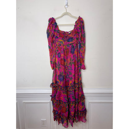 Farm Rio Sweet Forest Maxi Dress Pink Size XS Floral Long Sleeve Keyhole Lined