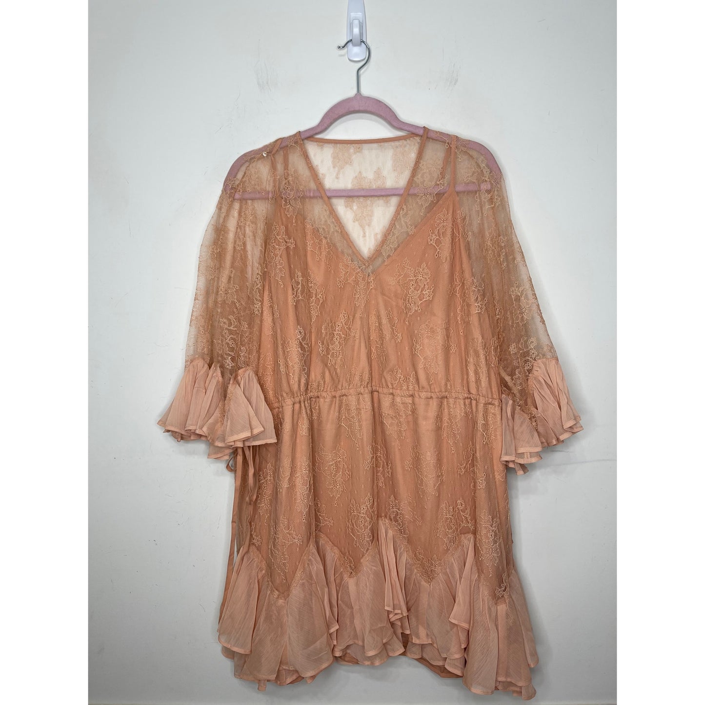 Stevie May Arid Dreams Lace Mini Dress Size XL Coral Pink Half Sleeve Ruffles