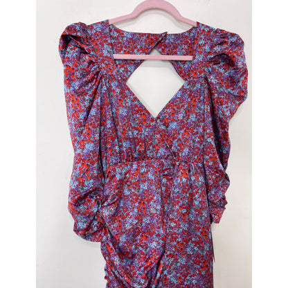 For Love & Lemons Charlie Midi Dress Size XS Blossom Puff Sleeve Asymmetrical