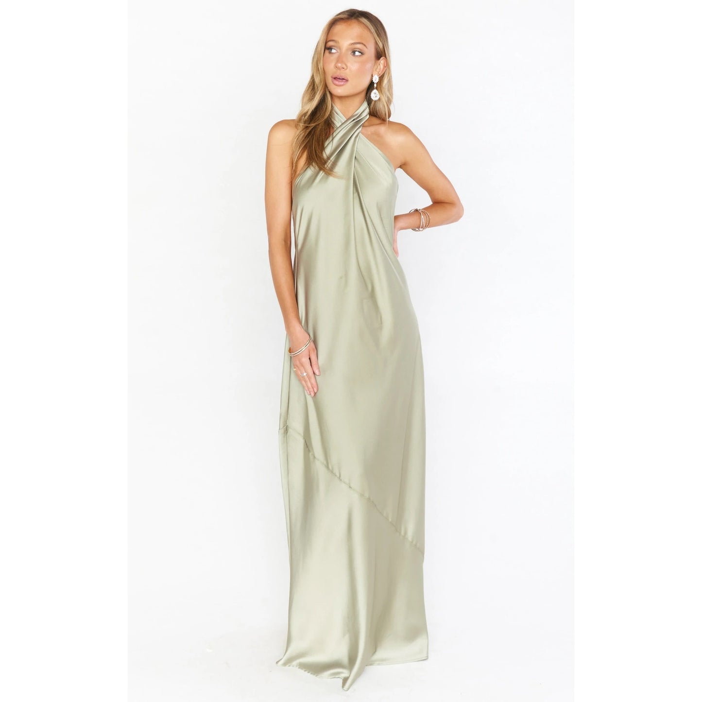 Show Me Your Mumu Jasmine Halter Maxi Dress in Moss Green Luxe Satin Size XXS