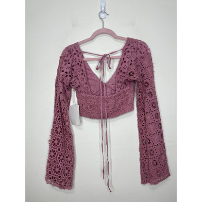 Free People Yesenia Set in Purple Small Eyelet Crochet Floral Pattern Cotton
