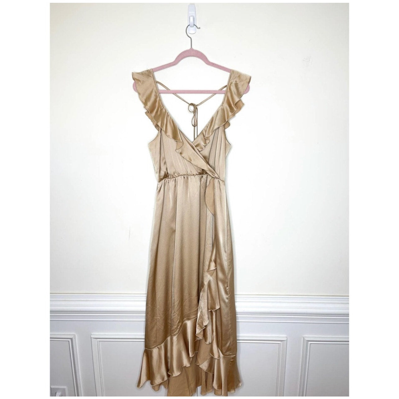 Show Me Your Mumu Samantha Ruffle Wrap Dress in Champagne Luxe Satin Size Medium