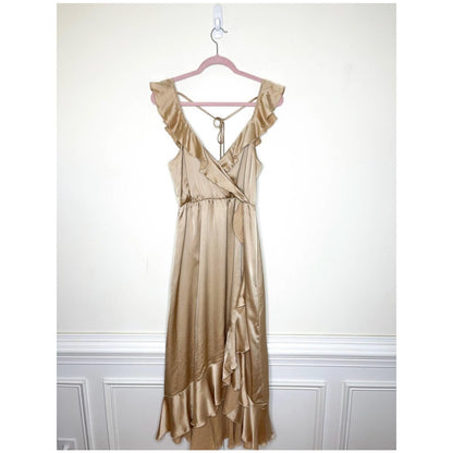 Show Me Your Mumu Samantha Ruffle Wrap Dress in Champagne Luxe Satin Size Medium