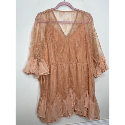 Stevie May Arid Dreams Lace Mini Dress Size XL Coral Pink Half Sleeve Ruffles
