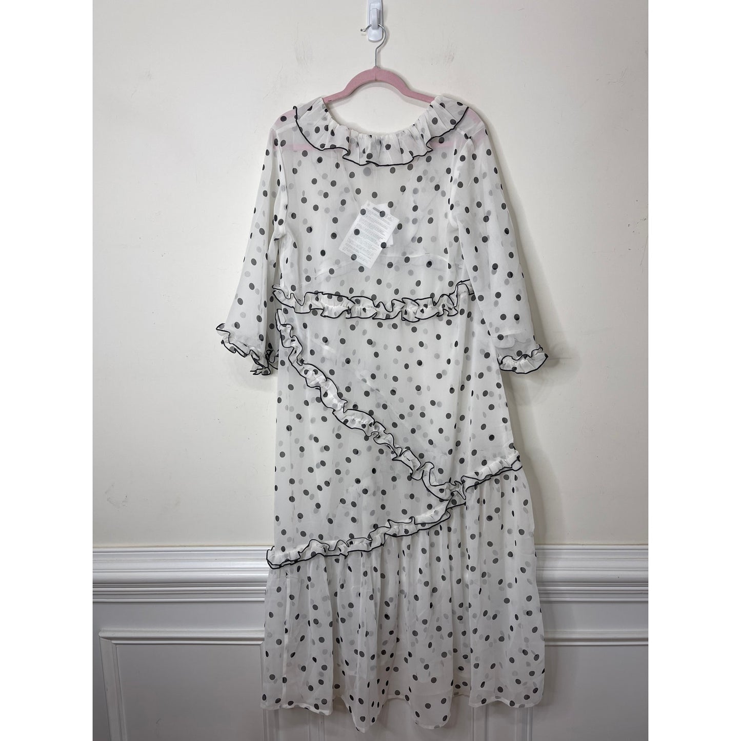 GANNI Ruffled Chiffon Midi Dress White Polka Dot 40/US 10 Half Sleeve V-Neck