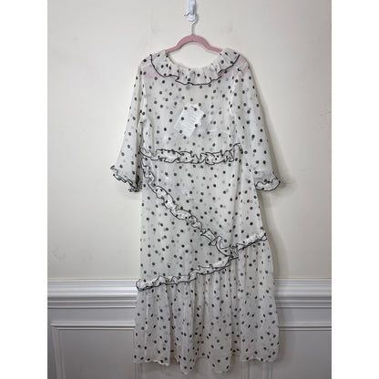 GANNI Ruffled Chiffon Midi Dress White Polka Dot 40/US 10 Half Sleeve V-Neck