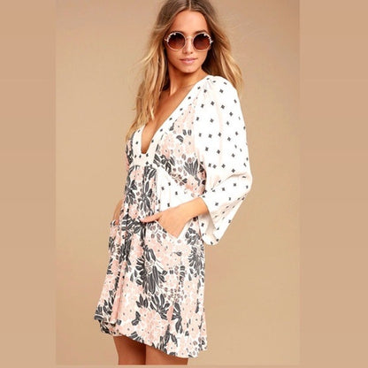 Free People Tallula White Print Long Sleeve Mini Dress Size Small