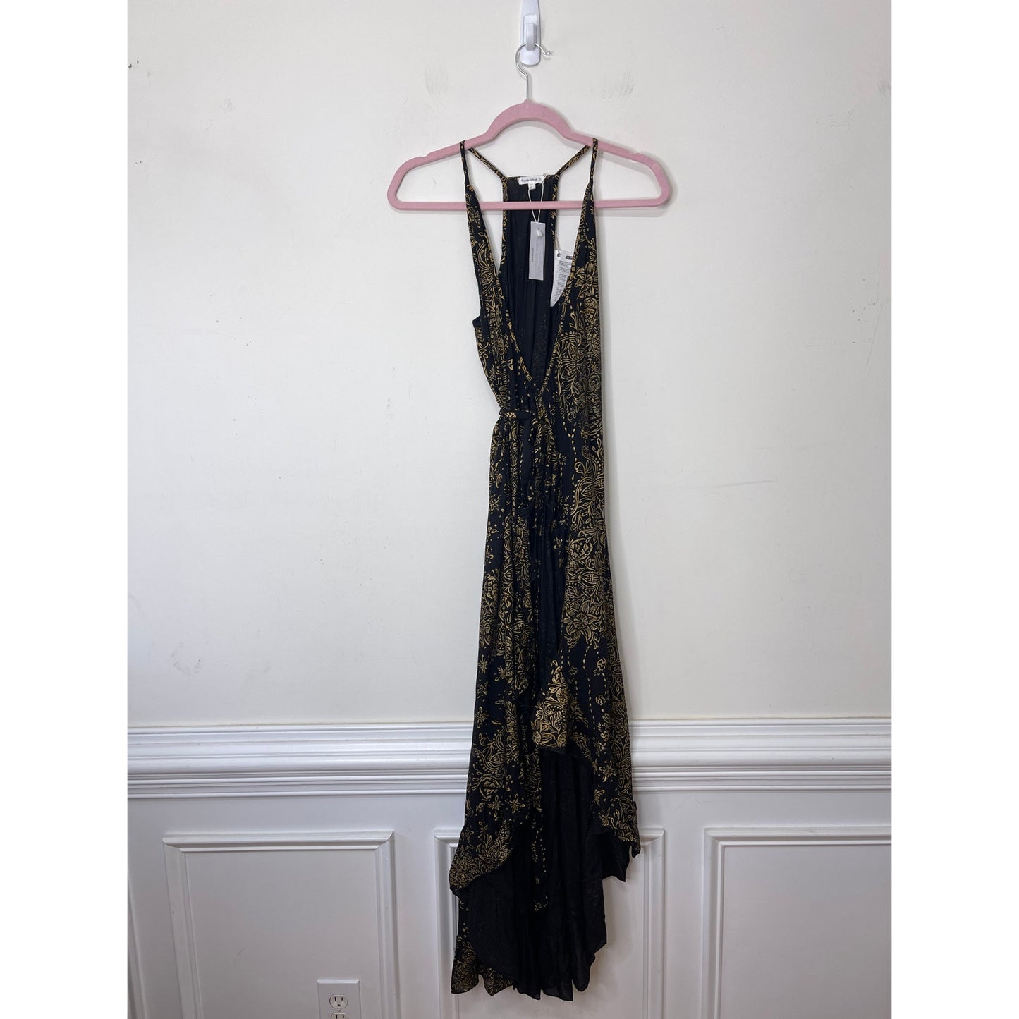 Poupette St. Barth Black & Gold Printed Wrap Midi Dress Size XS Sleeveless