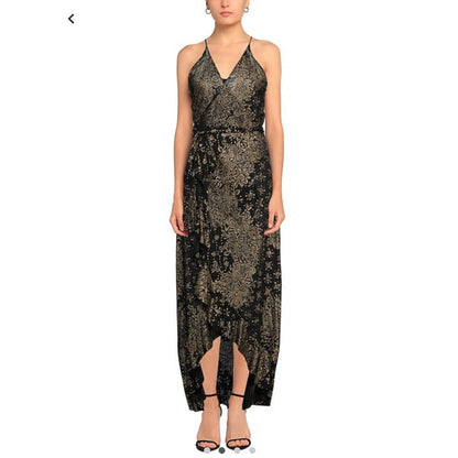 Poupette St. Barth Black & Gold Printed Wrap Midi Dress Size XS Sleeveless