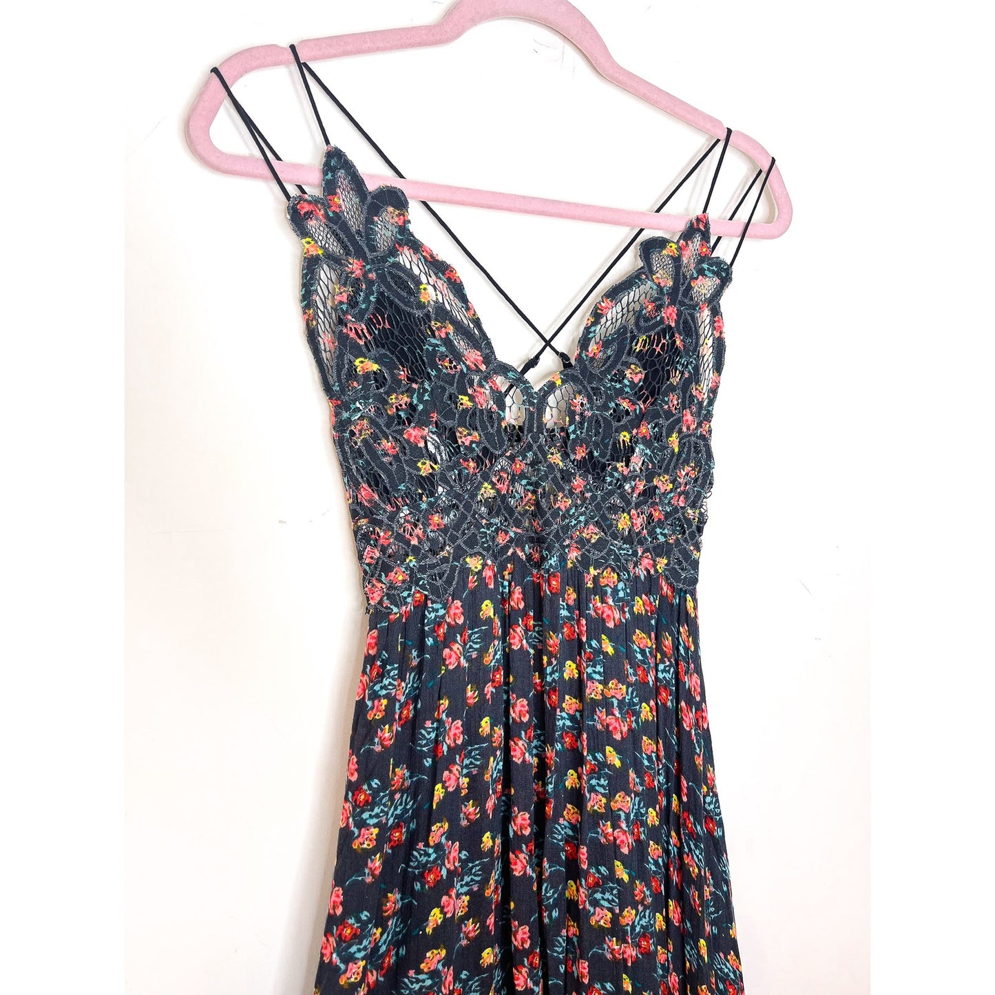 Free People Adella Printed Mini Slip Dress in Black combo Size Small FRE361