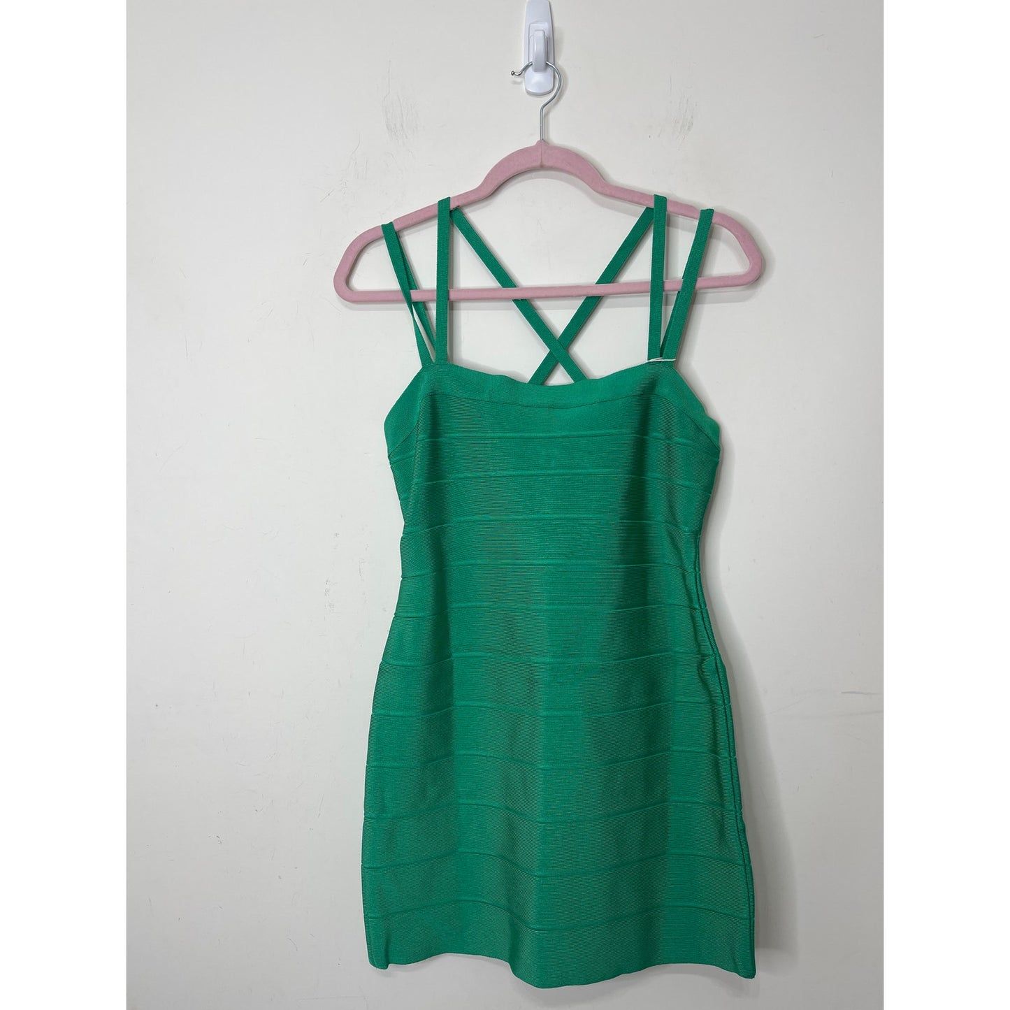 Herve Leger Criss-Cross Back Strappy Mini Dress Green Opal Large Spaghetti Strap