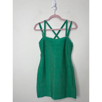 Herve Leger Criss-Cross Back Strappy Mini Dress Green Opal Large Spaghetti Strap