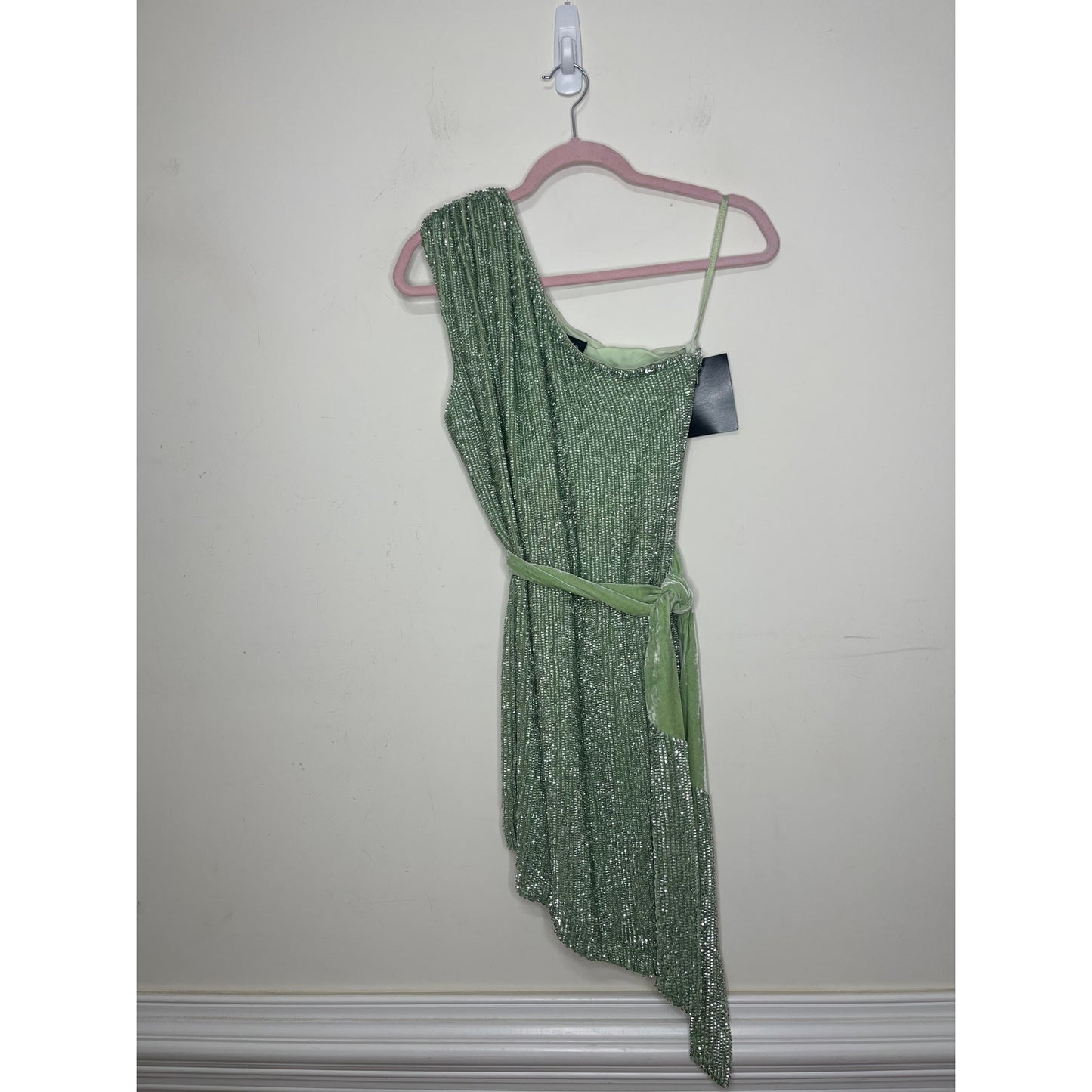 Retrofete Ellla Sequin Dress in Sage Small Mini One Shoulder Sleeveless Party