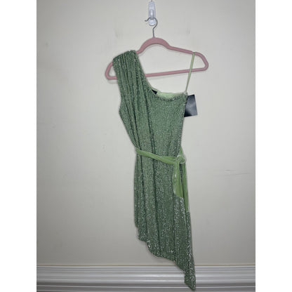 Retrofete Ellla Sequin Dress in Sage Small Mini One Shoulder Sleeveless Party