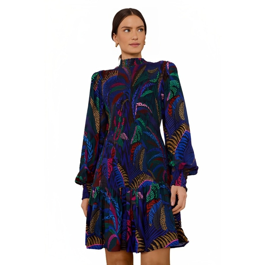 Farm Rio Amazonian Night Mini Dress Medium Multicolor Long Sleeve High Neck