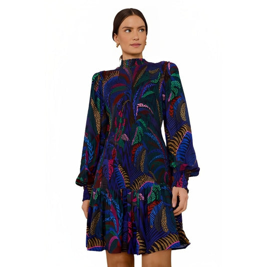 Farm Rio Amazonian Night Mini Dress Medium Multicolor Long Sleeve High Neck
