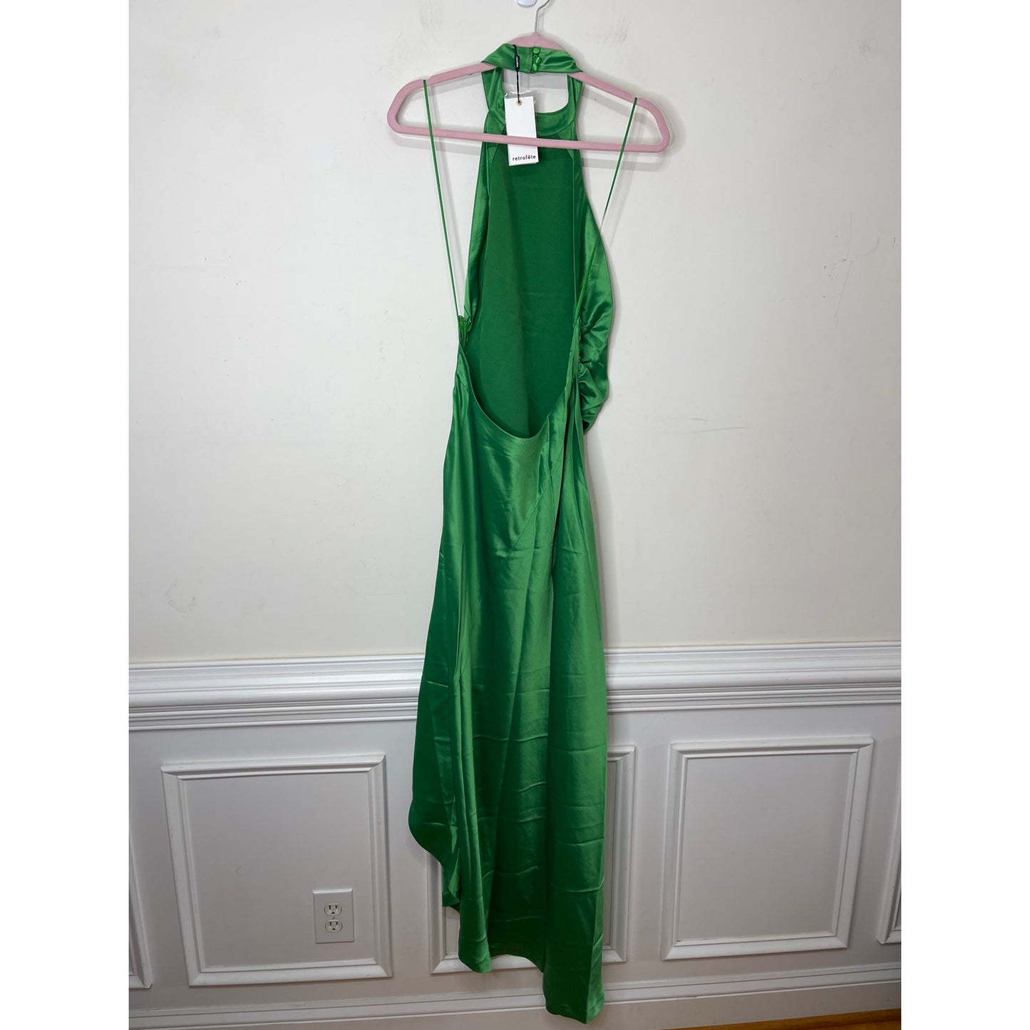 Retrofete Sabrina Dress in Natural Green Large Asymmetrical Sleeveless Satin