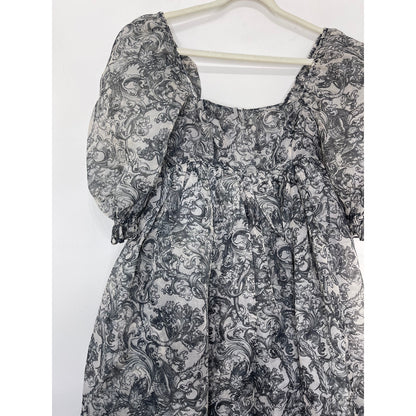 Selkie The French Puff Dress Small Navy Blue Floral Short Sleeve Square Neck